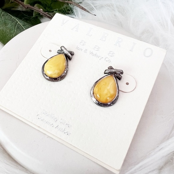 Sterling Silver and Genuine Amber Yellow Teardrop Earrings - Picture 1 of 6